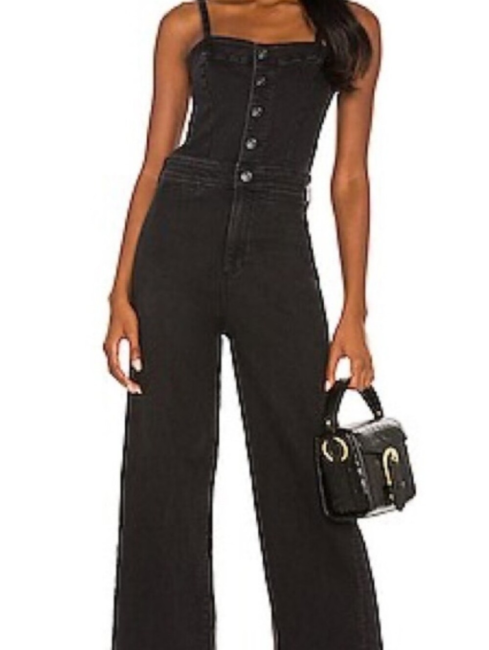 Paige Faded Black Denim Crop Flare Spaghetti Strap Jumpsuit Size 10